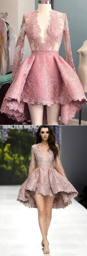 Pink Stylish A-Line Deep V-Neck Long Sleeve High Low Homecoming Dress, SH390