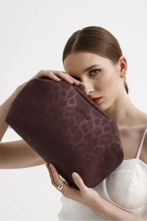 Plum Leopard Patterned Faux Leather Clutch Handbag