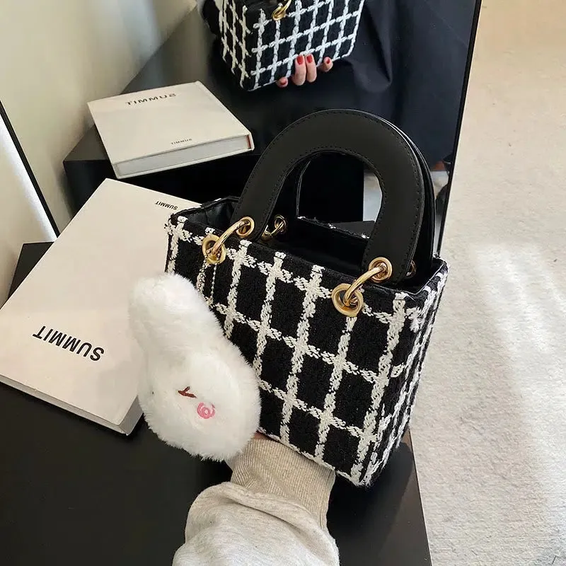 Plush Charm Checkered Bucket Handbag