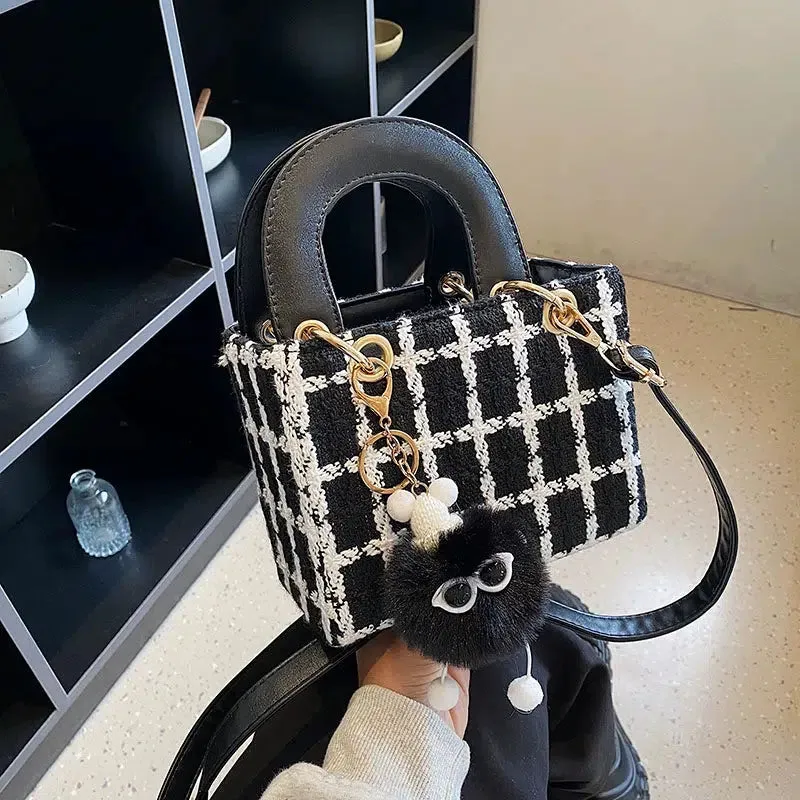 Plush Charm Checkered Bucket Handbag