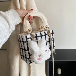 Plush Charm Checkered Bucket Handbag