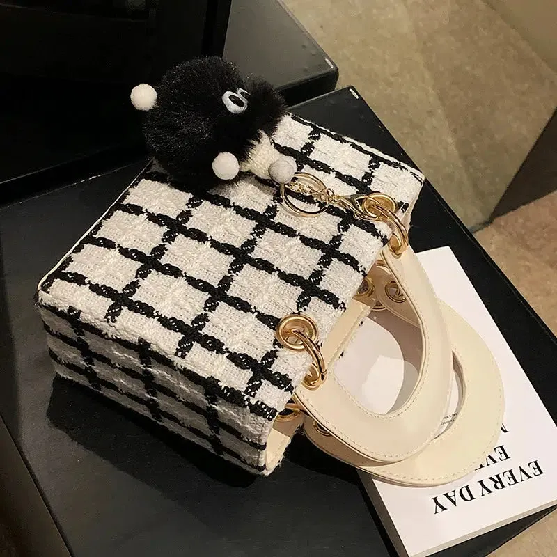 Plush Charm Checkered Bucket Handbag