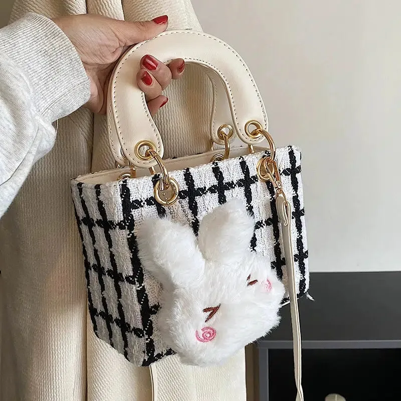 Plush Charm Checkered Bucket Handbag