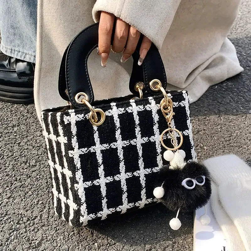 Plush Charm Checkered Bucket Handbag