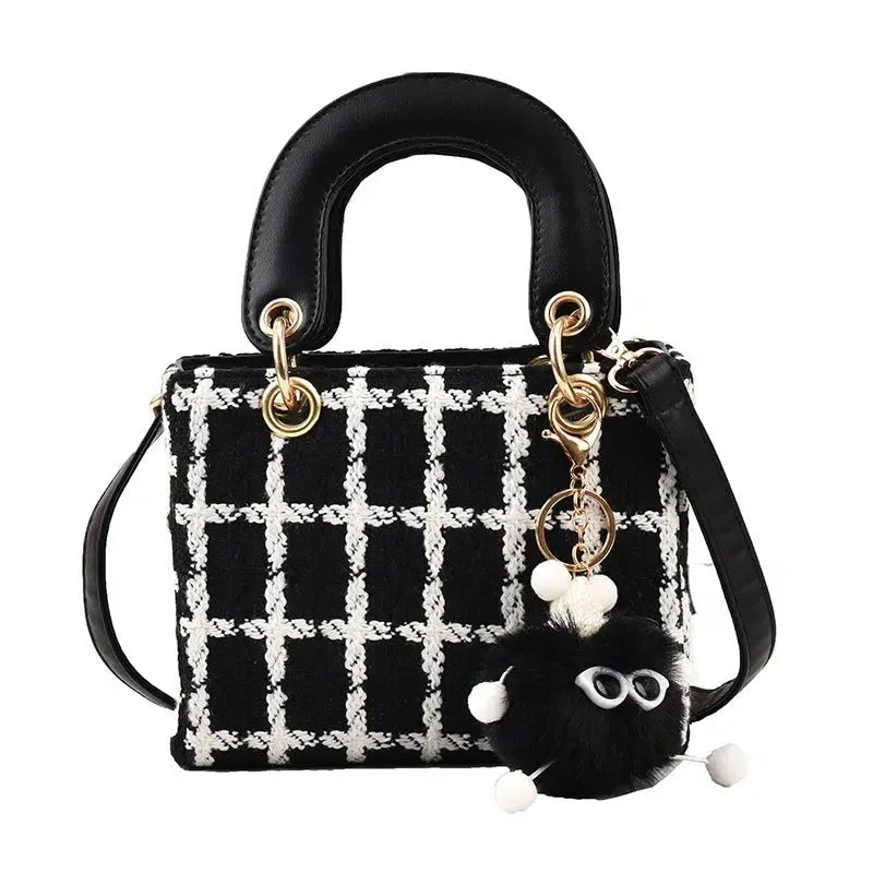 Plush Charm Checkered Bucket Handbag