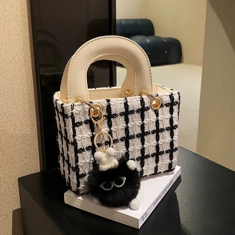 Plush Charm Checkered Bucket Handbag