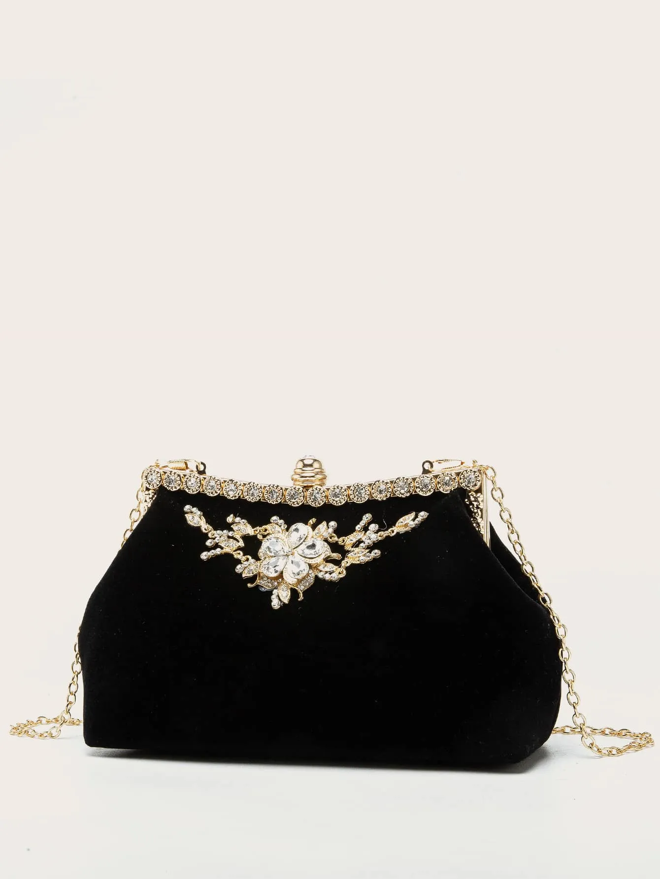 Rhinestone Decor Velvet Chain Bag - Black