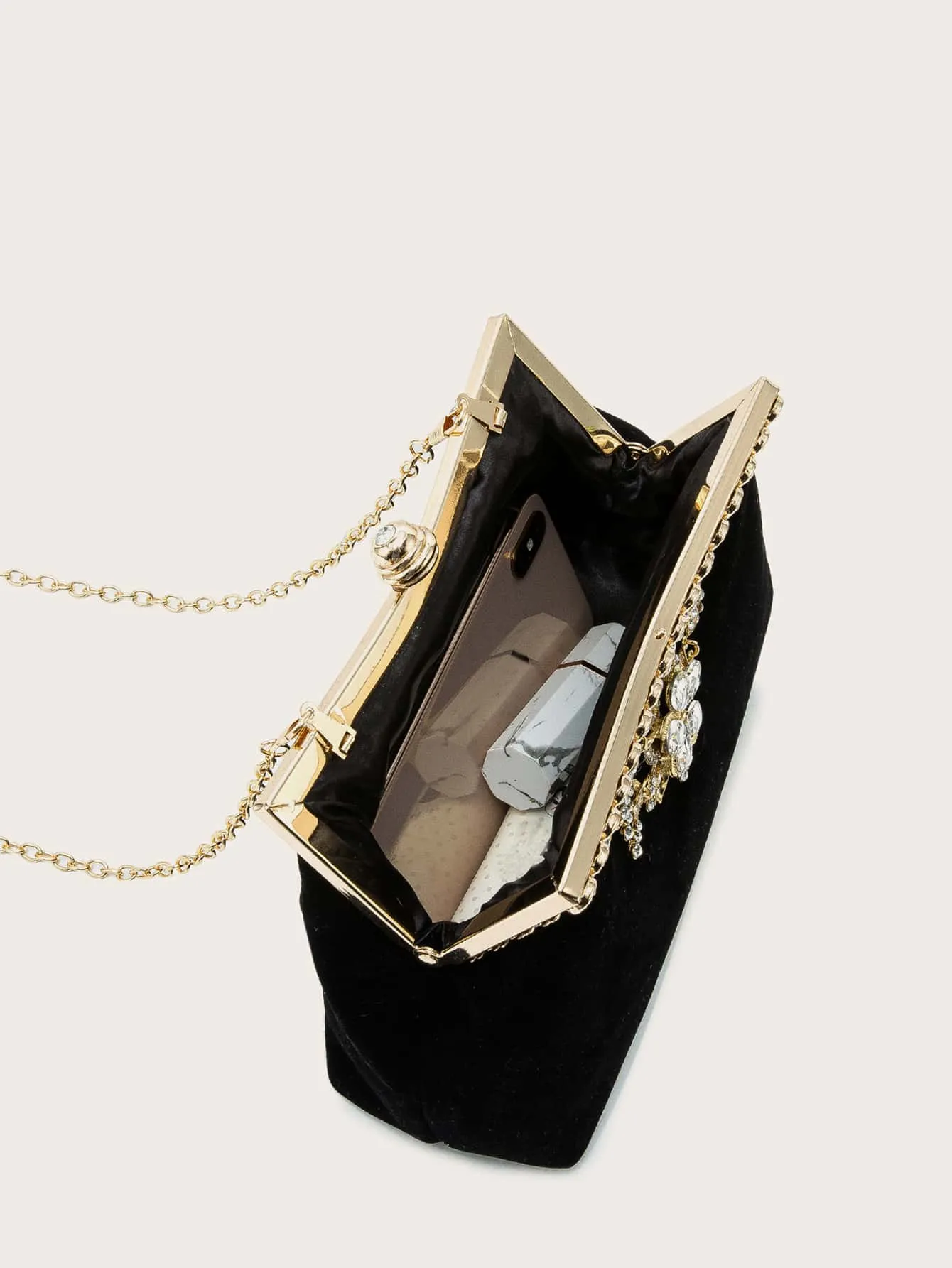 Rhinestone Decor Velvet Chain Bag - Black