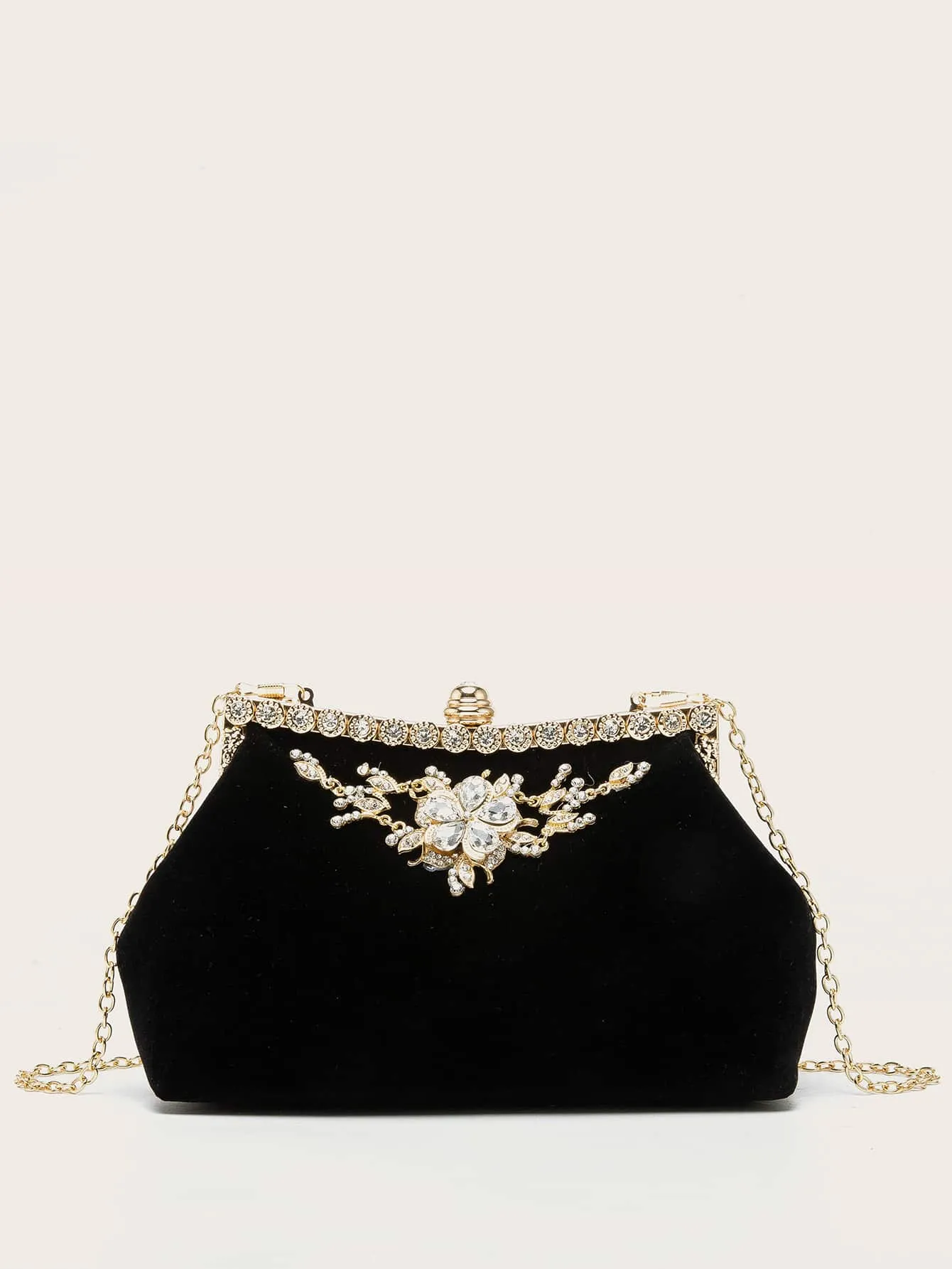 Rhinestone Decor Velvet Chain Bag - Black