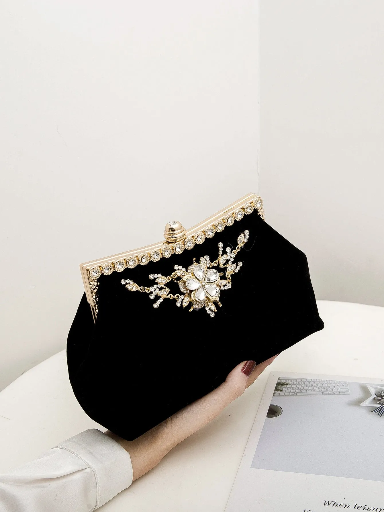 Rhinestone Decor Velvet Chain Bag - Black
