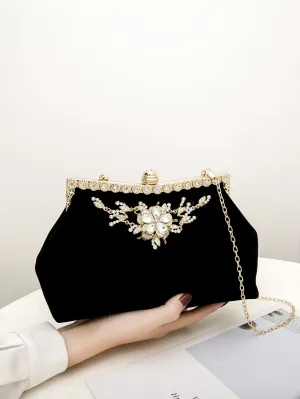 Rhinestone Decor Velvet Chain Bag - Black