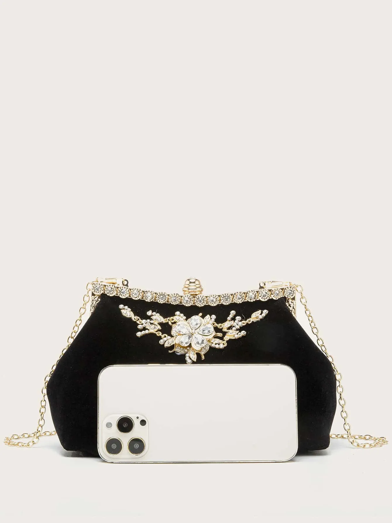 Rhinestone Decor Velvet Chain Bag - Black