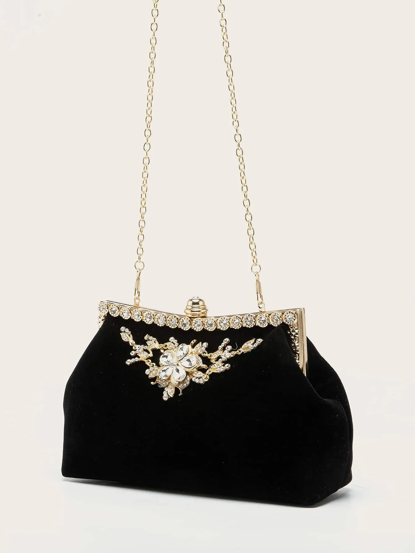 Rhinestone Decor Velvet Chain Bag - Black