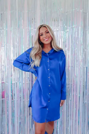 Saucy Satin Button Down Shirt Dress - Blue
