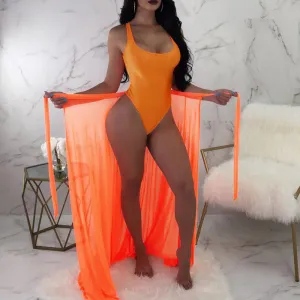 Solid One-Piece Sheer Mesh Cover Up Swimsuit