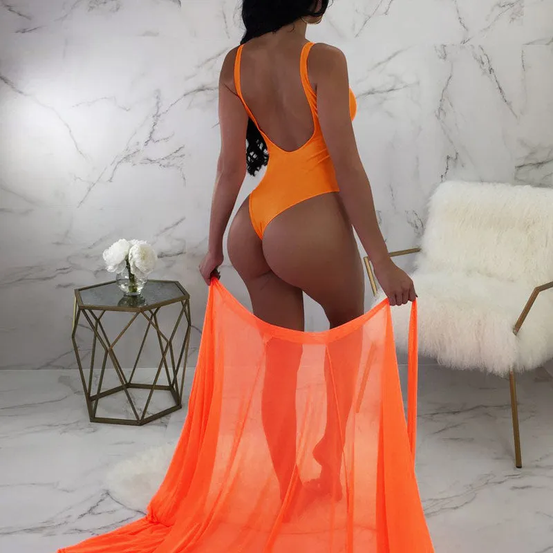 Solid One-Piece Sheer Mesh Cover Up Swimsuit