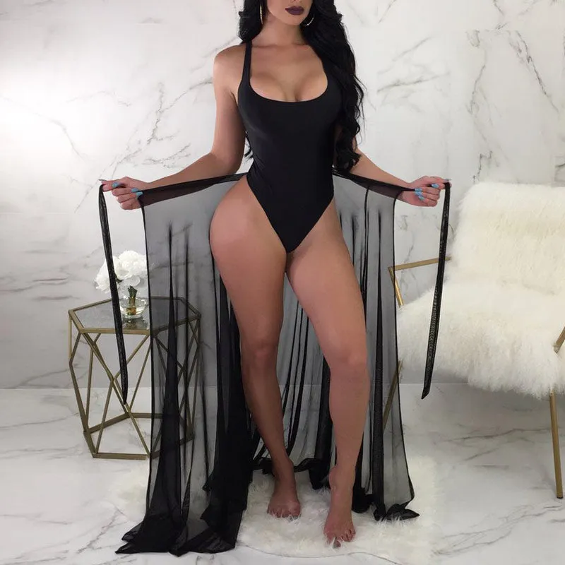 Solid One-Piece Sheer Mesh Cover Up Swimsuit