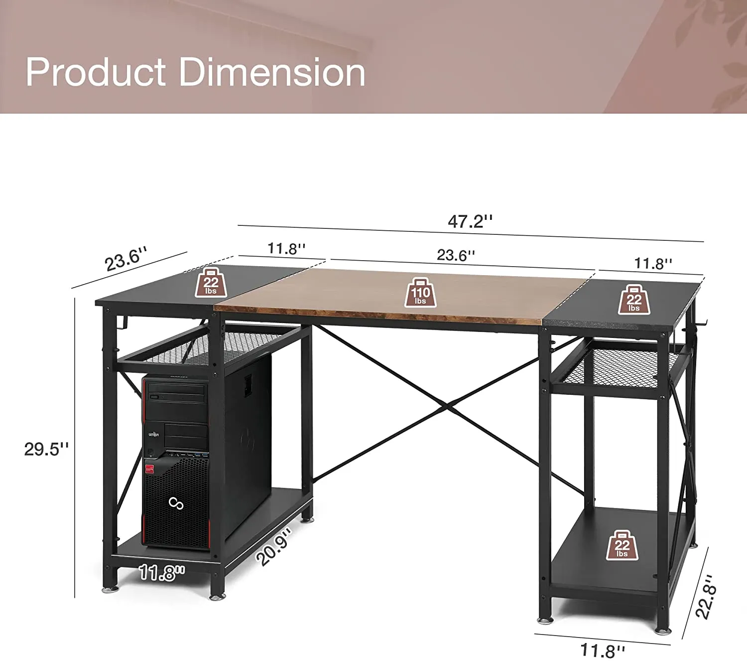 Spacious 47.2" Computer Desk with Storage Shelves, Hooks, and CPU Stand - Ideal Home Office Desk, Black