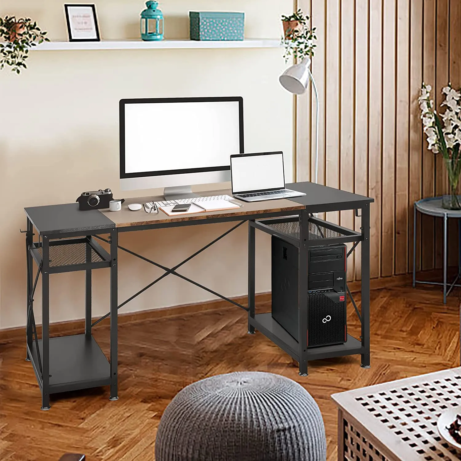 Spacious 47.2" Computer Desk with Storage Shelves, Hooks, and CPU Stand - Ideal Home Office Desk, Black