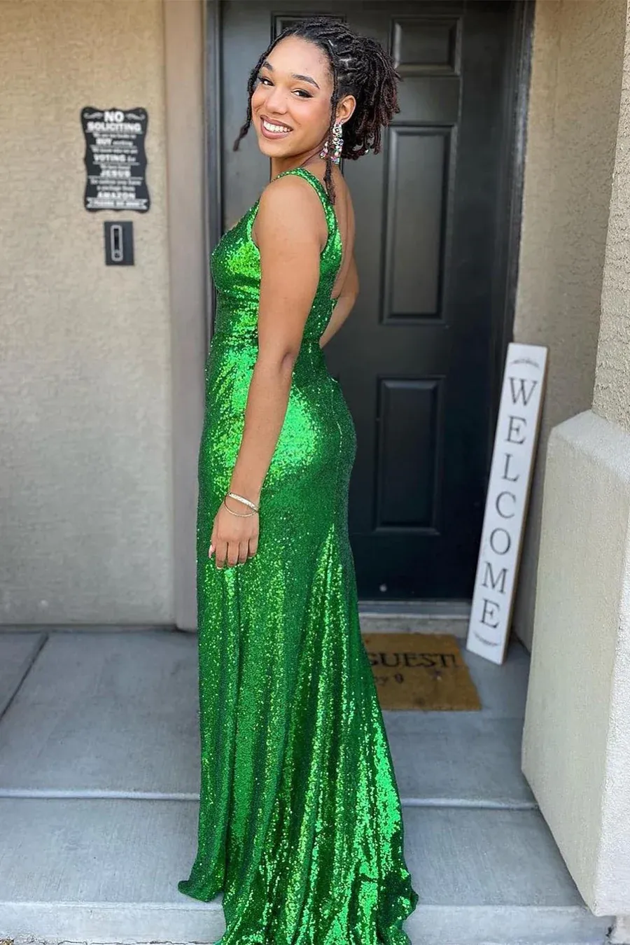 Sparkly Square Neck Sequins Long Prom Dress with Slit