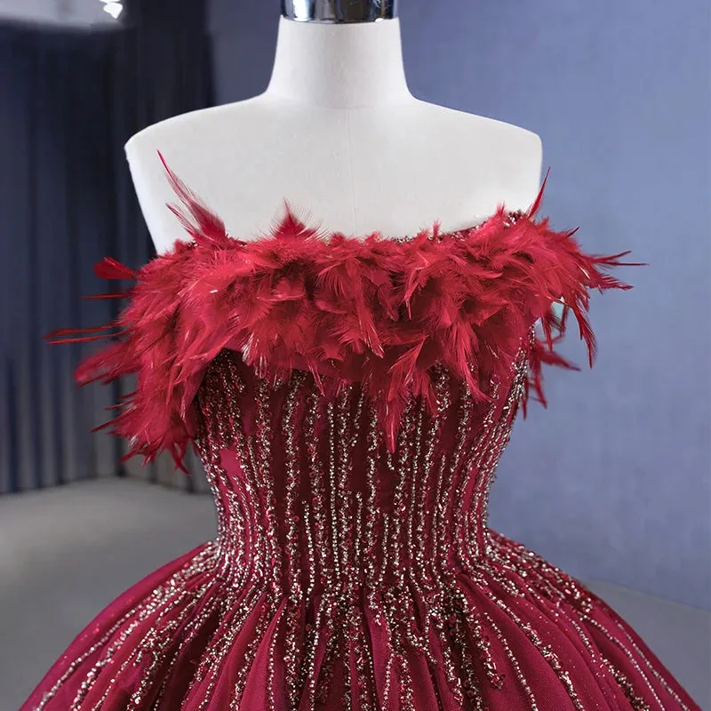 Stylish Evening Party Dresses Feather Off-the-shoulder Beading Ball Gown