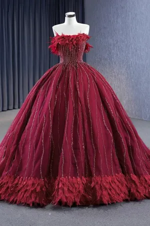 Stylish Evening Party Dresses Feather Off-the-shoulder Beading Ball Gown