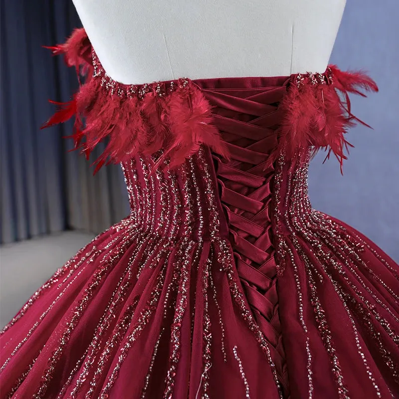 Stylish Evening Party Dresses Feather Off-the-shoulder Beading Ball Gown
