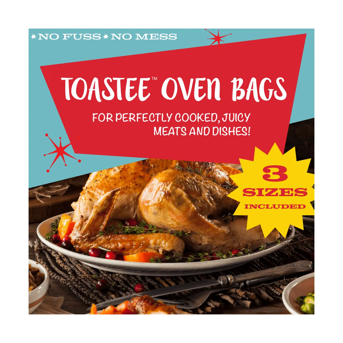 TOASTEE Oven Roasting Bags for Chicken, Ham, Prime Rib, Poultry, Turkey, Ribs, Seafood, Vegetables, 3 Sizes