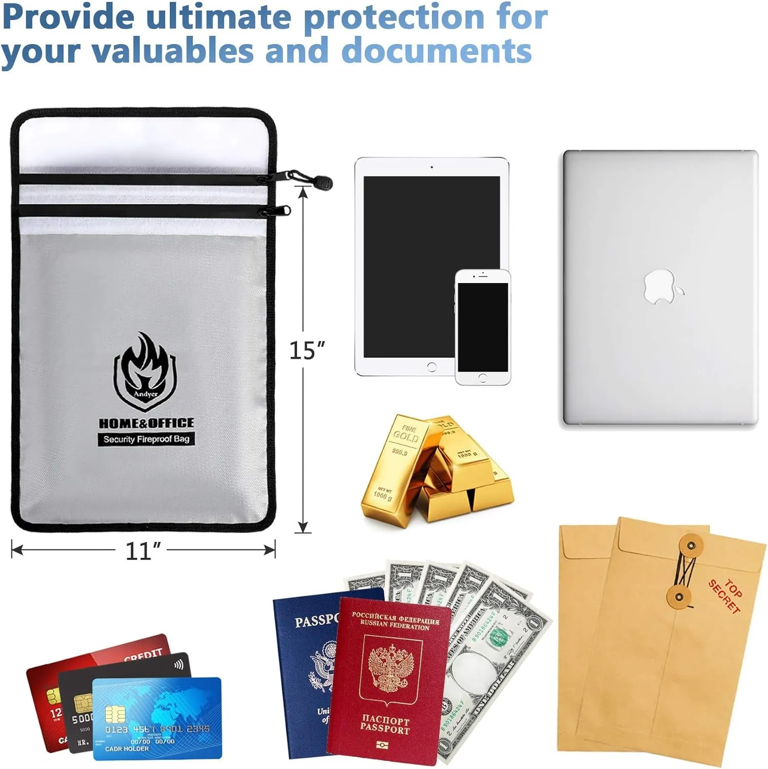 Two Pockets Fireproof Document Bag (2000℉) with Zipper for Important Document & Valuables, 15”x 11”