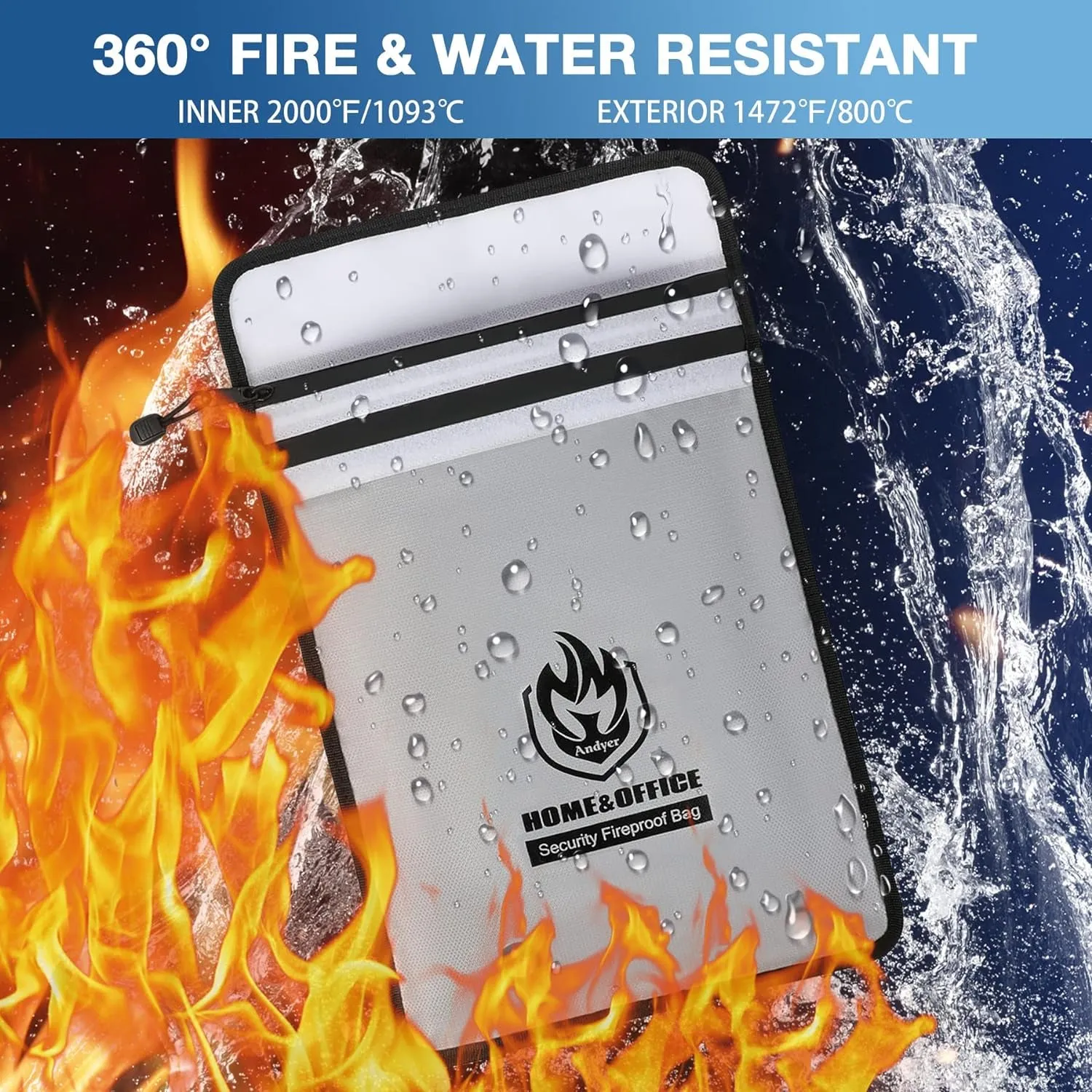 Two Pockets Fireproof Document Bag (2000℉) with Zipper for Important Document & Valuables, 15”x 11”