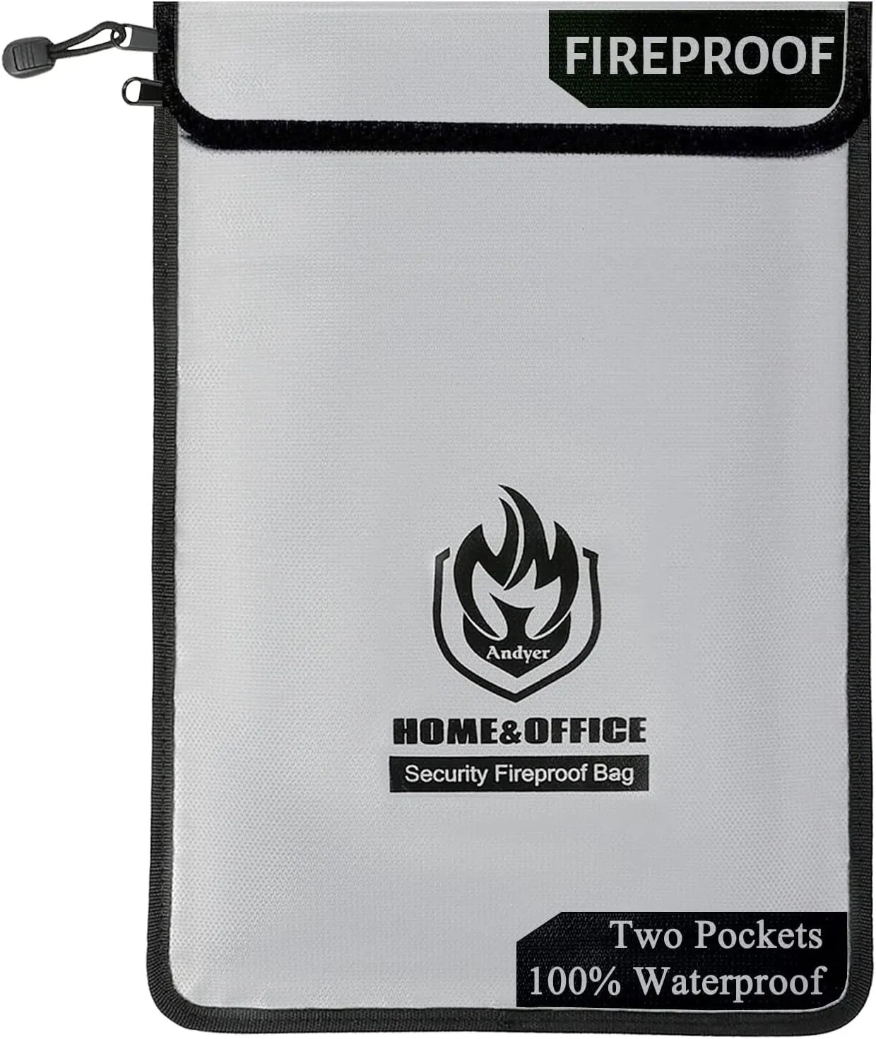 Two Pockets Fireproof Document Bag (2000℉) with Zipper for Important Document & Valuables, 15”x 11”