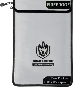 Two Pockets Fireproof Document Bag (2000℉) with Zipper for Important Document & Valuables, 15”x 11”