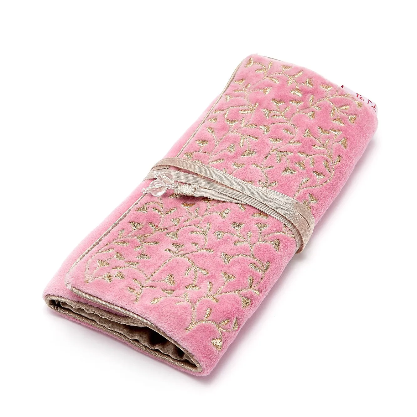 VELVET JEWELRY ROLL - PINK & GOLD EMBROIDERY