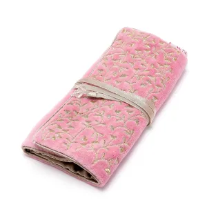 VELVET JEWELRY ROLL - PINK & GOLD EMBROIDERY