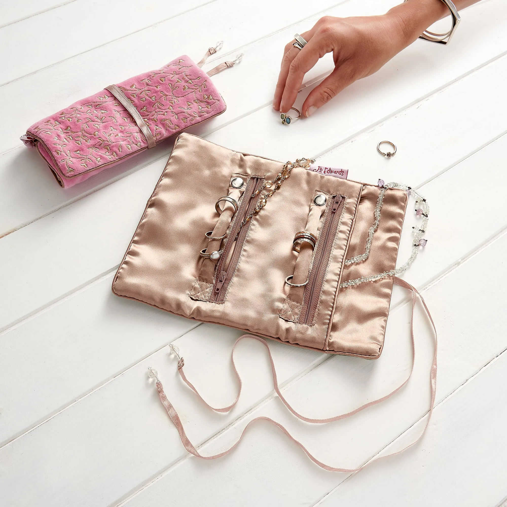 VELVET JEWELRY ROLL - PINK & GOLD EMBROIDERY